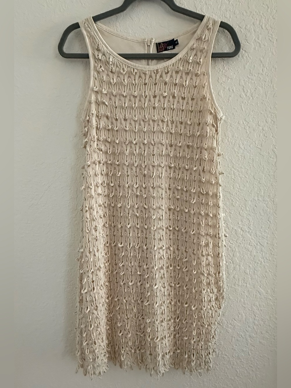 Yumi Cream Textured Crochet Sleeveless Dress Size Small Boho